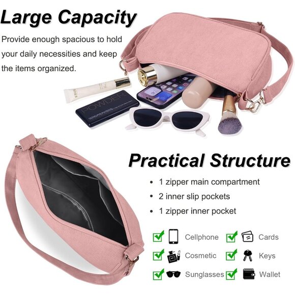 Women's Pink Tote Handbag Clutch Purse Crescent Underarm Bag Cross Body Bags - Picture 3 of 7